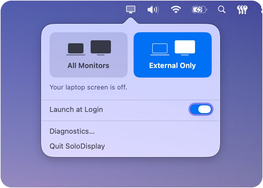 The SoloDisplay menu bar panel with All Monitors and External Only, Launch at Login, Diagnostics and Quit